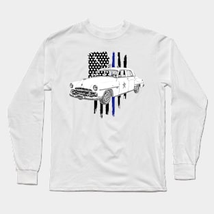 Vintage Police Car with Thin Blue Line Flag Long Sleeve T-Shirt